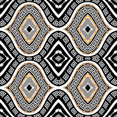 Dalgalı çizgiler, çerçeveler ve kenarları pürüzsüz desen. Vektör Yunanlı eşkenar dörtgen arka plan. Dalgalı etnik arkaplanı tekrarla. Geometrik renkli eşkenar dörtgen süsler. Modern soyut tasarım. Sonsuz doku.