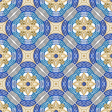 Altın mavisi kabile zarif, pürüzsüz desen. Yunan süslemeleri. Deko arkaplanını tekrar et. Geometrik süs. Modern simetrik soyut tasarım. Sonsuz doku. Beyazda izole edilmiş. Vektör.