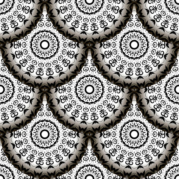 Квіткова Плитка Мандали Безшовний Візерунок Поверхневий Декоративний Чорно Білий Векторний — стоковий вектор