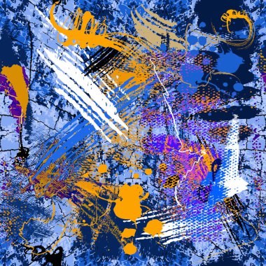 Grafiti stili, pürüzsüz bir model. Grunge, arka planda mavi sarı beyaz renkte. Arka planda kirli fırça darbelerini tekrarla. Modern resim süslemeleri. Çizgiler, karalamalar, sıçramalar.