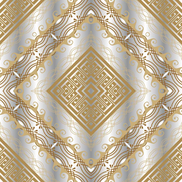 ゴールド部族民族3Dシームレスパターン ギリシャの花の背景 デコの背景を繰り返します フレーム 境界線 ドット 菱形と黄金の豪華な装飾 エンドレスの華やかな質感 ベクトル — ストックベクタ