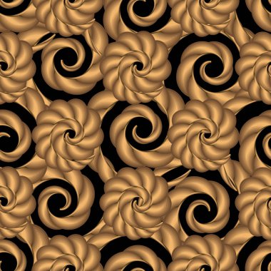 Üç boyutlu spiraller kusursuz desen. Çiçek süsleme vektör arka planı. Yüzey çiçekleri, spiral şekiller, girdaplar, mandalalar içeren soyut altın 3D süsler. Deco arkaplanını tekrar et. Sonsuz altın 3d doku.