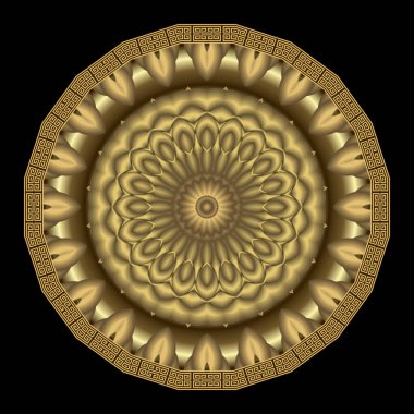 Çiçekli altın 3d mandala deseni. Yunan çerçevesi. Süslü vektör arka planı. Kabile etnik arka planı. Geometrik yuvarlak 3d fraktal süs. Soyut şekiller, daireler, çiçekler, sınırlar. Yunan anahtarı, avare.