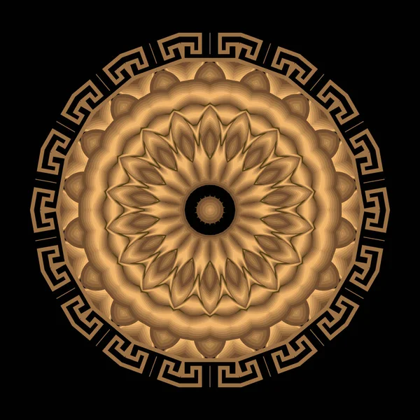 花金の3Dマンダラパターン ギリシャの枠だ 名前ベクトルの背景 部族的民族的背景 幾何学的なラウンド3Dフラクタル装飾 抽象的な形 ギリシャ語のキー — ストックベクタ
