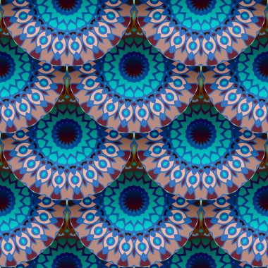 Çiçekli 3 boyutlu mandalalar pürüzsüz desenli. Süslü modern yüzey arka planı. Soyut renkli çiçekli, etnik tarzda yuvarlak mandalalar. Tekrar ediyorum, arka plan desenli. Güzel süsler..