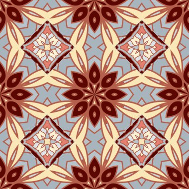 Çiçekli, güzel, pürüzsüz bir desen. Arabesk süsleme vektör arkaplanı. Renkli desenli arka plan. Etnik tarzda Arap süslemeleri. Soyut çiçekler, geometrik şekiller, çizgiler. Sonsuz doku