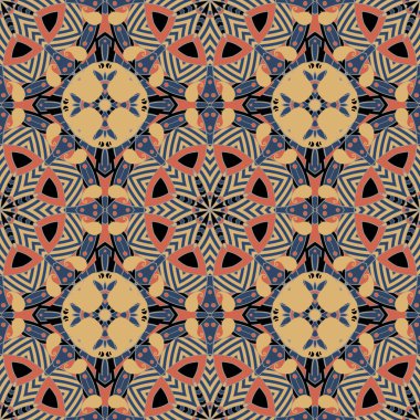 Çiçekli, etnik, paisley desensiz bir kabile. Süslü vektör arka planı. Folklorik arka plan. Geometrik soyut süsler. Renkli desenli çiçekler, zikzak çizgileri, şekiller, çizgiler, mandalalar..