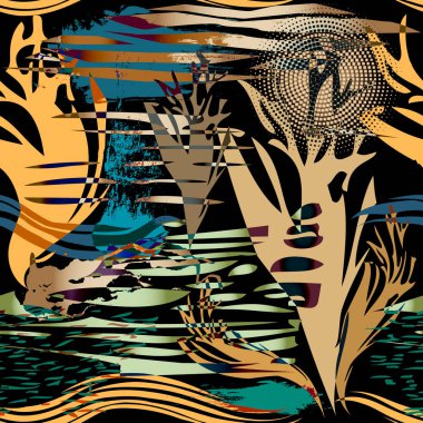 Soyut manzara. Elle çizilmiş renkli bir manzara. Vektör soyut ağaçlar grunge arkaplanı. Doğa arka planını tekrarla. Fantezi pis resim. Sonsuz kaba doku. Fırça darbeleri, çizgiler, şekiller.