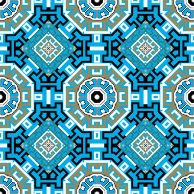 Güzel, kusursuz bir Yunan deseni. Kabile soyut geçmişini tekrar et. Yunan anahtarı, dolambaçlı etnik tarz renkli süs. Geometrik modern tasarım mavi beyaz siyah renklerle. Soyut çiçekler, şekiller.