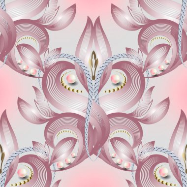 Çiçekli mücevher 3 boyutlu kusursuz desen. Pembe altın rengi çiçeklerle süslenmiş zarif bir arka plan. 3d inci değerli taşlar. El çizimi sanat çiçekleri, yapraklar. Güzel süsler. Gösterişli tasarım.