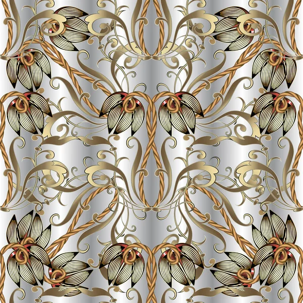 Золотое Барочное Трехмерное Безморское Узор Роскошный Декоративный Серебряный Цветочный Фон — стоковый вектор
