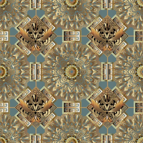 Gold Nahtloses Muster Floraler Hintergrund Griechischen Stil Mit Geometrischen Elementen — Stockvektor