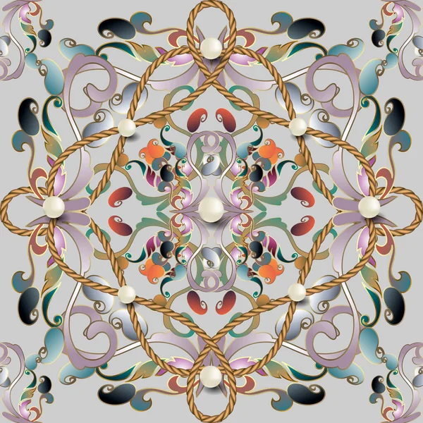 Florales Nahtloses Muster Schmuck Verziert Vektor Hintergrund Perlen Edelsteine Seile — Stockvektor