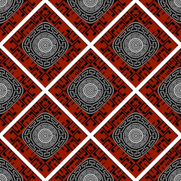 部族民族赤黒白シームレスなパターン 抽象的な現代のワッフルの背景 ギリシャ語のキーは 菱形の装飾を意味します 装飾的な幾何学的な繰り返しエレガントなデザイン ロンバスのフレーム円マンダラ — ストックベクタ