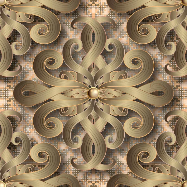 Goldflorales Nahtloses Muster Texturierte Grunge Mosaik Hintergrund Moderner Wiederholungsvektorhintergrund Vintage — Stockvektor