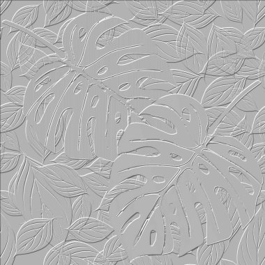 Tropikal 3 boyutlu kusursuz desen. Kabartmalı arka plan. Çiçek arkaplanını tekrar et. Yapraklı egzotik 3D süs. Tropik bitkiler, yapraklar, dallar. Grunge modern tasarım. Sonsuz 3d dokusu.