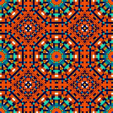 Mozaik renksiz desen. Dijital pikselli süslemeli vektör arkaplanı. Modern şebeke arka planı. Mozaik kaleydoskop kareler, eşkenar dörtgenler ve şekillerle süslenmiş. Sonsuz doku.