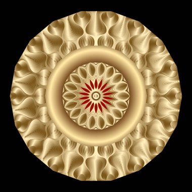 Altın 3D çiçek. Altın yuvarlak çiçekli mandala deseni. Güzel süslemeli vektör arkaplanı. Lüks 3D süs. Dekoratif dekoratif zarafet tasarımı. Yüzey dokusu. Rosette. Tabak.