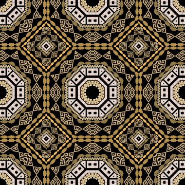 Kabile etnik vektörleri kusursuz. Soyut geometrik arkaplanı tekrarla. Yunan anahtarı, asfalt süsü. Mandalas, eşkenar dörtgen, altıgen, çerçeve, kenarlar, geometri şekilli simetrik modern tasarım.