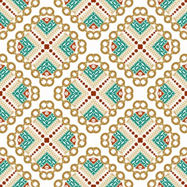 Kabilesel etnik tarzı kusursuz zincirler. Vektör süsleme Yunan arka planı. Arka planı tekrar et. Zincir çerçeveli, fermuarlı, dolambaçlı, noktalı Geometrik eşkenar dörtgen süsü. Beyaz üzerine izole tasarım.