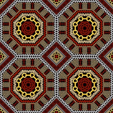 Süslü Yunan vektör deseni. Kabile soyut geçmişini tekrar et. Yunan anahtarı, dolambaçlı etnik stil süsü. Zincirli, fermuarlı, mandalalı, eşkenar dörtgen, altıgenli geometrik modern tasarım. Çerçeveler.