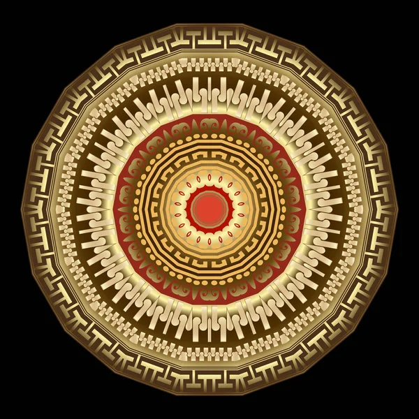 民族スタイルギリシャラウンドマンダラパターン 名前のついたカラフルなベクトルの背景 部族的背景 アラベスク風の飾り 抽象的な形状 フレーム ギリシャ語のキー ロゼット — ストックベクタ