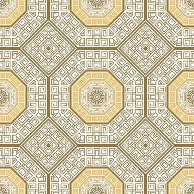 Altın süslemeli, pürüzsüz desen. Yunan tarzı vektör arka planı. Lüks Deco arka planı tekrar edin. Beyaz üzerine altın geometrik süsler. Modern simetrik soyut izole tasarım. Sonsuz süsleme dokusu.