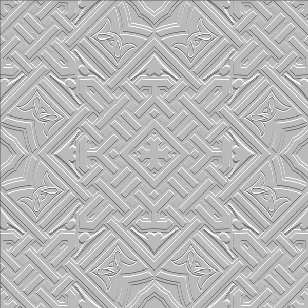 テクスチャされた光3Dシームレスパターン 白いベクトルの背景が強調されている 装飾的な部族民族のグランジの背景を繰り返します 幾何学的表面3Dエンボス装飾 エンボス加工が施されたエンドレステクスチャ — ストックベクタ