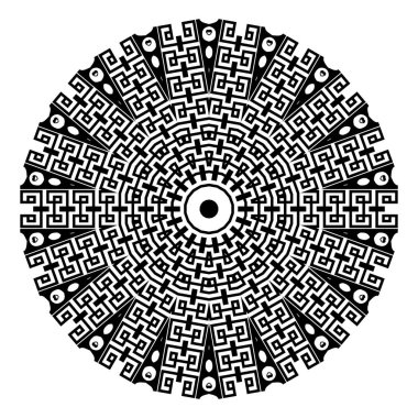 Mandala yuvarlak. Eski bir süs. Vektör, beyaz arkaplanda siyah kıvrımlı desen izole etti. Radikal Yunan anahtarlı antika mandala. Süslü etnik tarz tasarımı. Soyut dekoratif doku.