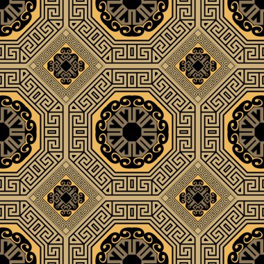 Yunan vektörü kusursuz desen. Kabile soyut geçmişini tekrar et. Yunan anahtarı, etnik stil altın süsleme yapıyor. Geometrik dekoratif modern tasarım. Sonsuz arkaplanı tekrar et. Moda geometri tasarımı.