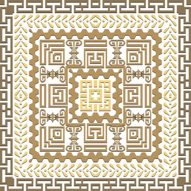 Altın kare çerçeveler pürüzsüz desen. Vektör modern arka plan. Yunan anahtarı, avare. Kare çerçeveler, sınırlar, semboller, çizgiler, labirentler. Soyut geometrik kabile geleneksel süslemeleri. İzole edilmiş.