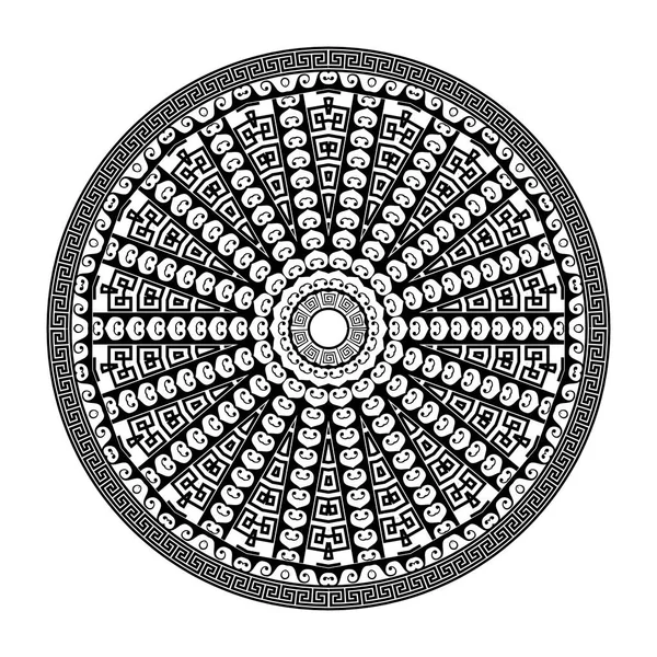 Mandala Starożytne Okrągłe Ozdoby Wektor Odizolował Czarny Wzór Meandry Białym — Wektor stockowy