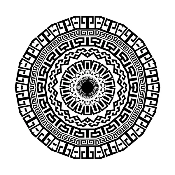 Hermoso Mandala Antiguo Ornamento Griego Redondo Patrón Meandro Negro Aislado — Vector de stock