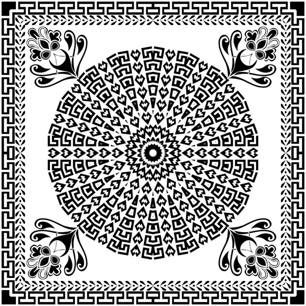 Kwiat Mandala Starożytna Okrągła Ozdoba Kwadratową Ramą Wektor Odizolował Czarny — Wektor stockowy