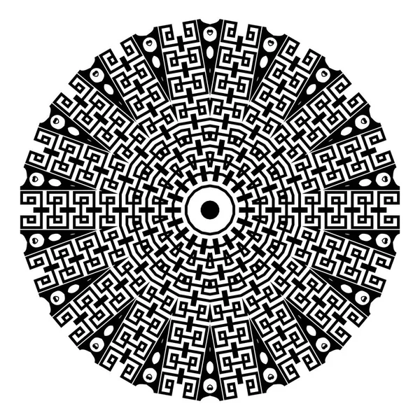 Okrągła Mandala Starożytna Ozdoba Wektor Odizolował Czarny Wzór Meandry Białym — Wektor stockowy