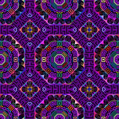 Kabile etnik renkleri olan Yunanlı kusursuz bir model. Süslü, soyut, modern vektör arka planı. Yunan anahtarında parlak süsler var. Dekoratif geometrik tekrarlama tasarımı. Parmak izi, kumaş, kumaş, ambalaj için..