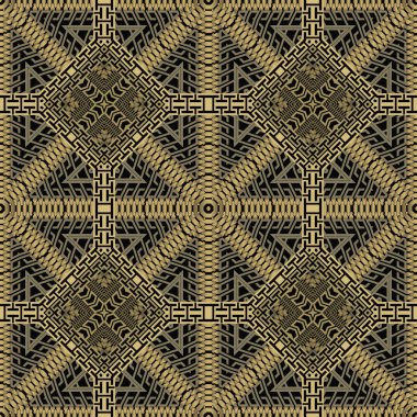 Altın radyal dikişsiz desen. Vektör modern süs arka planı. Yunan anahtarı, avare. Çerçeveler, sınırlar, semboller, fermuarlar, labirentler. Soyut geometrik kabile geleneksel süsü. Sonsuz doku