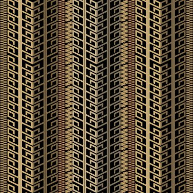 Altın 3D kenarlar. Yunan kusursuz deseni. Süslü sınır arkaplanı. Zigzag 3 boyutlu süslemeleri tekrar et. Kabile etnik tarzı tasarım. Soyut çizgili süs arkaplanı. Yunanca anahtar, dolambaçlı, fermuarlı, çizgili.