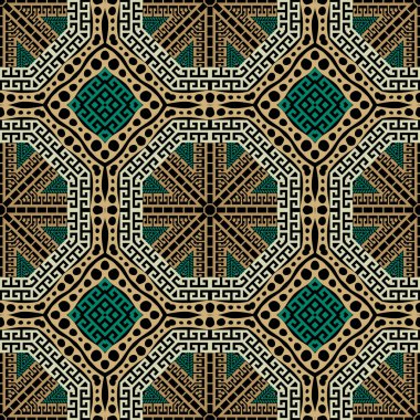 Geometrik renkli, dikişsiz desen. Vektör süsleme etnik geçmişi. Yunanca arka planı tekrarla. Yunanca anahtar, dolambaçlı, geometrik şekilli, sekizgen, eşkenar dörtgen, çerçeve ile soyut modern süs.