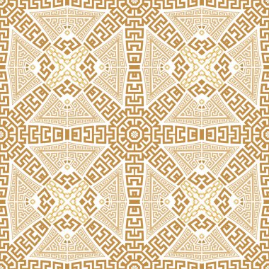 Altın desenli ekose kumaş. Yunan geçmişi. Zarif Deco arka planı. Zincirli altın geometrik etnik süsler. Modern soyut tasarım. Sonsuz doku. İzole edilmiş. Vektör.