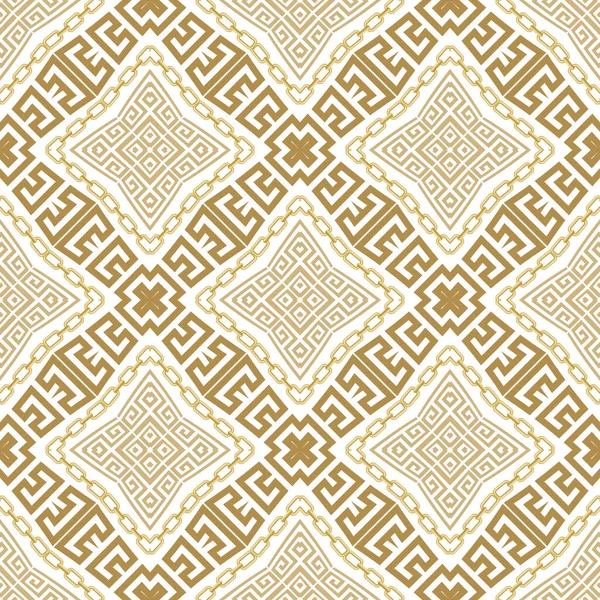 Goldene Rauten Und Ketten Nahtlose Muster Griechischer Ornamentaler Hintergrund Elegante — Stockvektor