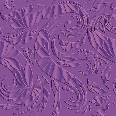 Çiçekli, güzel, üç boyutlu, pürüzsüz bir desen. Violet kabartmalı vektör arka planı. Kabartma kabartma çiçekleri, girdaplar, daireler. Arka planı tekrar et. Etnik 3d Paisley çiçek süsü. Yüzey sonsuz kabartma dokusu.