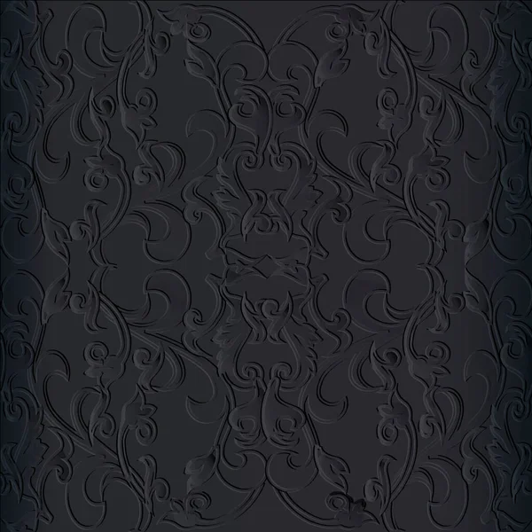 Textured Floral Dark Black Baroque Seamless Pattern Vector Black Embossed — Stock Vector