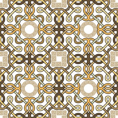 Karmaşık bağlı dalgalar ve kıvrımlar. Güzel süslemeli vektör arkaplanı. Yunan anahtar kavşakları, daireler, kareler. Hasır örgülü süsler. Modern tekrar arkaplanı. Sonsuz doku