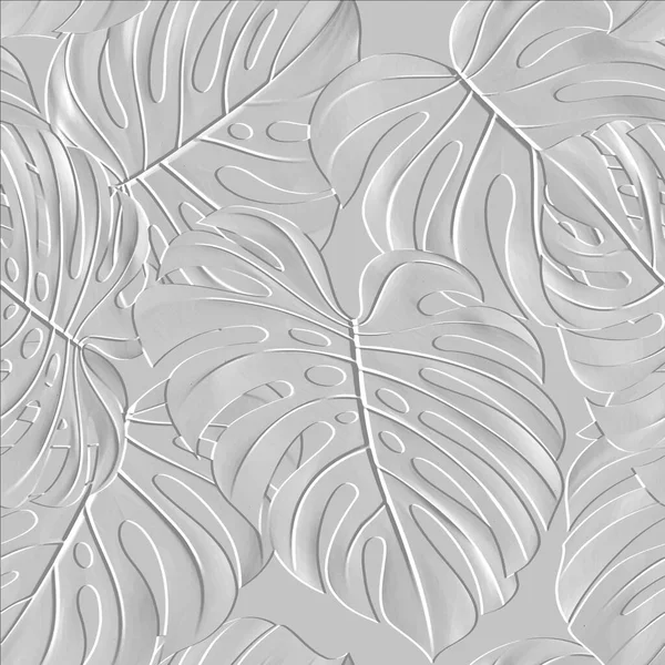 Embossed Tropical Leafy Seamless Pattern Tropic Leaves Relief White Background — Stockvector
