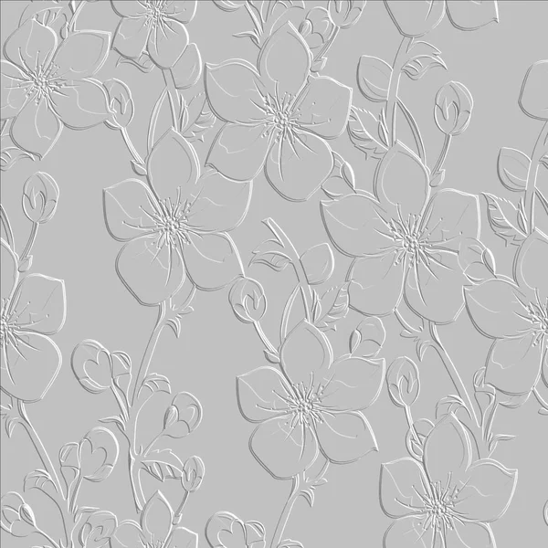 Embossed White Floral Seamless Pattern Textured Beautiful Flowers Relief Background — Image vectorielle