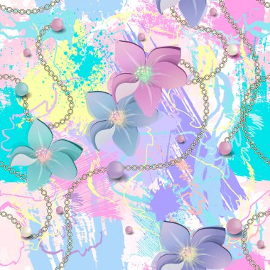 Zarif çiçekli mücevherler 3D pürüzsüz desen. Elle çizilmiş fırça darbeleriyle suluboya arka plan. Güzel 3D çiçekler. Yaz süsleri. Zincirler, 3D inciler, serpintiler..