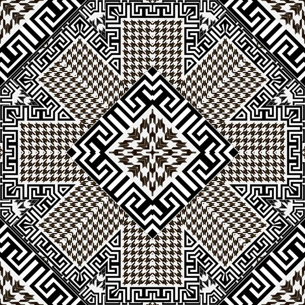 しっかりとした黒と白のシームレスなパターン ベクトル装飾の背景 現代の猟犬歯の装飾品 マンダラと幾何学的な質感のデザイン ギリシャ語のキーは フレームを意味します ジグザグ 無限のテクスチャ — ストックベクタ