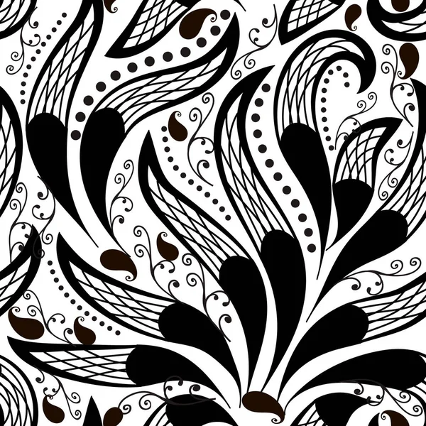 Hand Drawn Floral Line Art Tracery Paisley Seamless Pattern Black — стоковый вектор