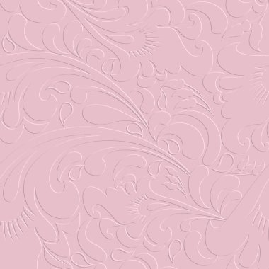 Kabartma 3D açık pembe desenli desenli desenli desenler. Dokulu vektör arkaplanı. Kabartmalı etnik tarz kabartma çiçek süsü. Grunge arka fonunu tekrar et. Klasik çiçekler, yapraklar. Sonsuz 3d dokusu.